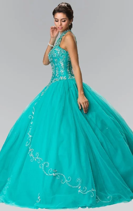Formal dresses with tiered skirts and pearl embellishments for a luxurious feelElizabeth K - GL2348 Bead Embellished Halter Neck Tulle Ballgown
