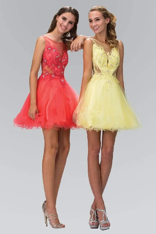 Cocktail dresses with a wrap - around style and a belted waistElizabeth K - GS2156 Embellished Illusion Bateau Neck Tulle Dress