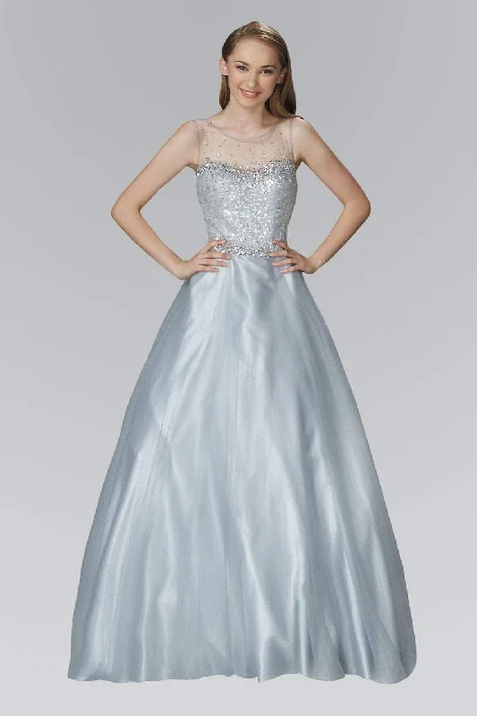 Prom dresses with pom - pom - decorated hems and cotton - blend fabrics for a playful and comfortable formal styleElizabeth K - GL2111 Embellished Sheer Bodice and Back Tulle Gown