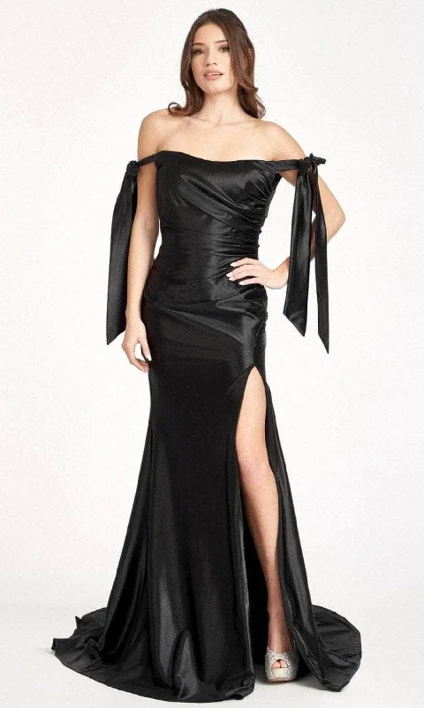 Prom dresses with cold - shoulder cutouts and satin bows for a trendy lookElizabeth K GL3059 - Ruche Satin Mermaid Prom Dress