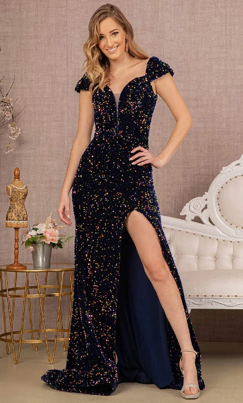 Formal dresses with abstract print panels and rhinestone embellishments for a unique formal eventElizabeth K GL3148 - Off-Shoulder Sweetheart Neck Evening Dress