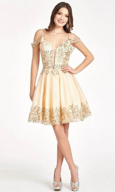Geometric - printed cocktail dresses with a long - sleeve optionElizabeth K GS1997 - Glitter V-Neck Cocktail Dress