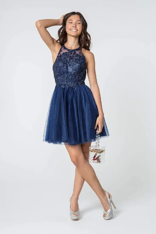 Cocktail dresses with a metallic - embroidered pattern and a midi - hemElizabeth K - GS2809 Embroidered Illusion Jewel Cocktail Dress