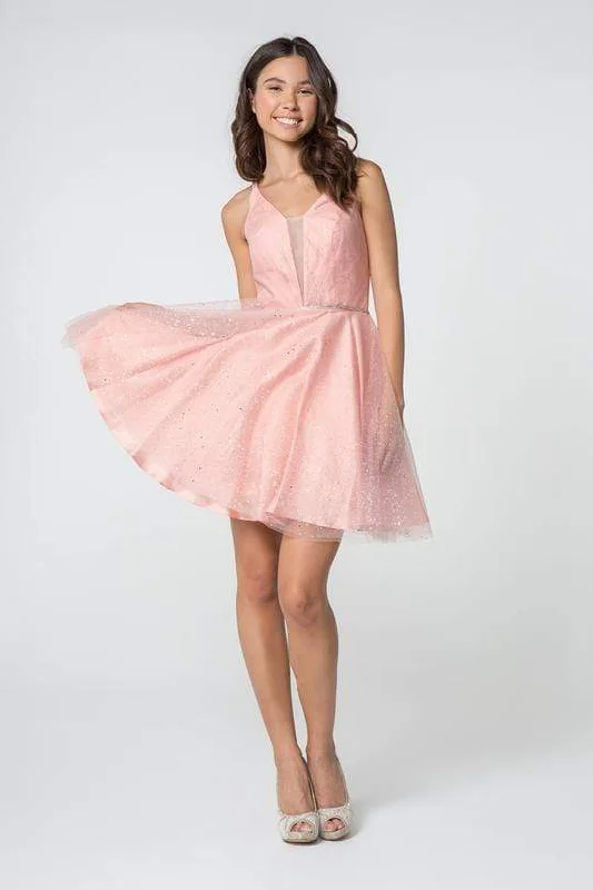 Velvet cocktail dresses with long sleeves for winter galasElizabeth K - GS2865 Glitter Overlaid Plunging Bodice Short Dress