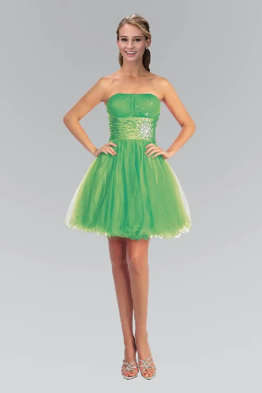 Cocktail dresses with a gathered skirt and a button - down frontElizabeth K - GS1050 Jeweled Straight Neck Tulle A-line Dress