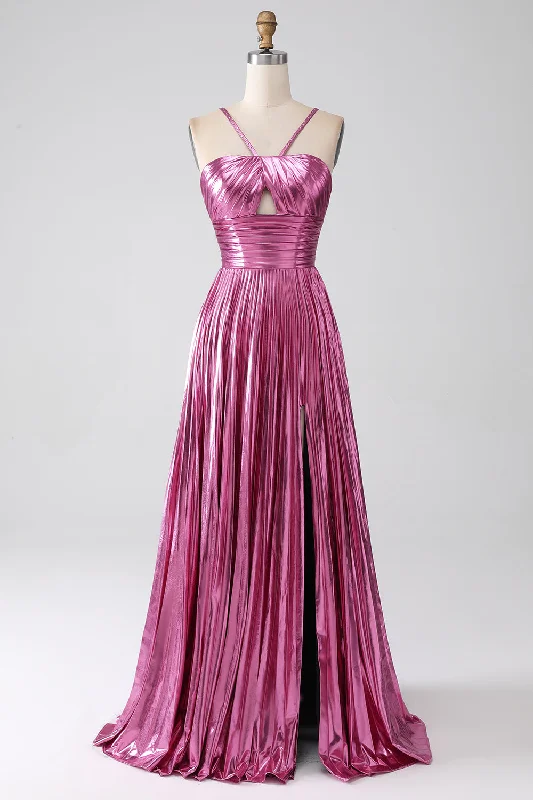 Little black cocktail dresses with lace detailingFuchsia A-Line Spaghetti Straps Pleated Metallic Prom Dress with Slit