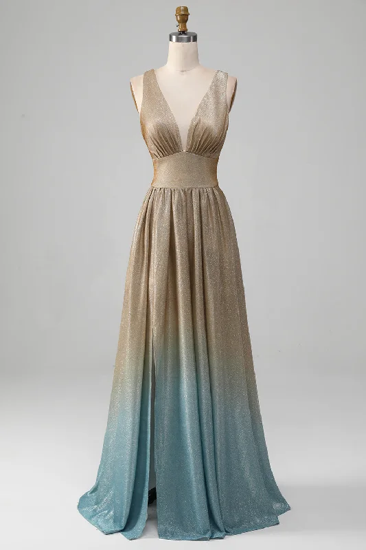 Cocktail dresses with a tiered skirt and a bow at the waistGlitter V-Neck Golden Prom Dress with Slit