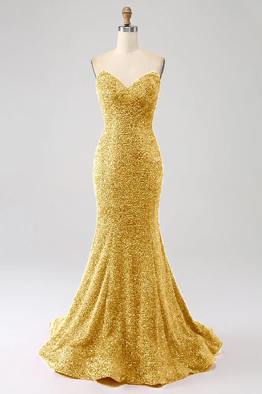 Satin cocktail dresses with a high - low hem for a modern touchGolden Mermaid Sweetheart Sweep Train Prom Dress With Sequins