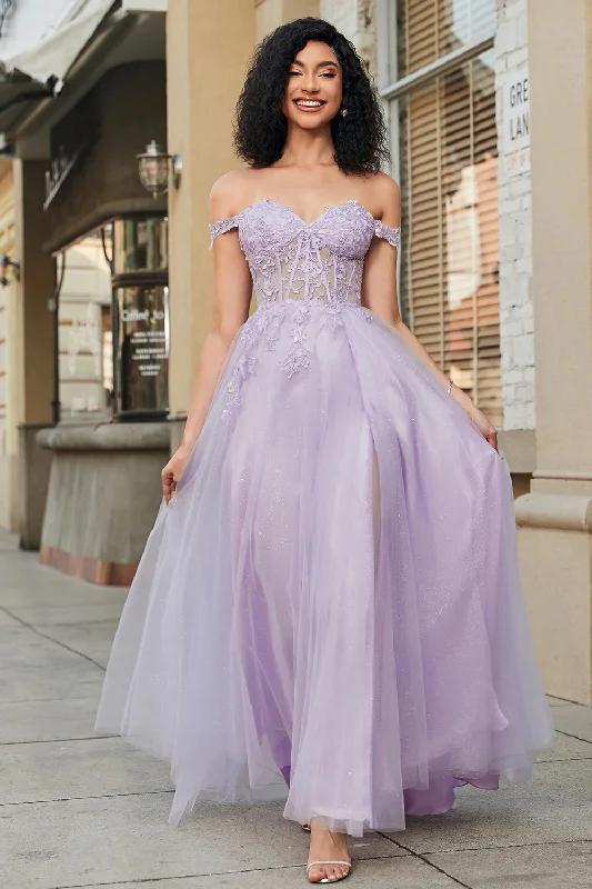 Plaid cocktail dresses with a flared skirt for a classic feelGorgeous A Line Off the Shoulder Purple Corset Prom Dress with Appliques