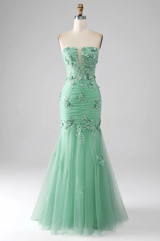 Cocktail dresses with a pleated skirt and a square necklineGreen Mermaid Strapless Tulle Long Prom Dress with Appliques
