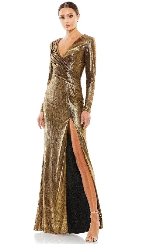 Mermaid - cut formal dresses in satin for a glamorous prom nightIeena Duggal 26684 - Deep V-Neck Metallic Evening Gown
