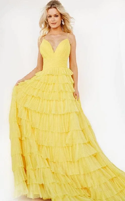 Long - train formal dresses in chiffon for a dramatic prom entranceJovani 08480 - Tiered Skirt Prom Dress