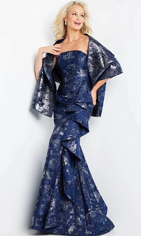 Prom dresses with metallic - colored fabrics and beaded embroidery for a glamorous promJovani 08685 - Straight Across Trumpet Dress with Shawl Prom dresses with metallic - colored fabrics and beaded embroidery for a glamorous promJovani 08685 - Straight Across Trumpet Dress with Shawl