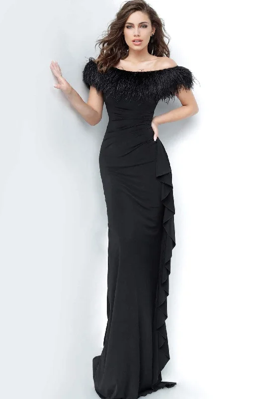 Prom dresses with cold - shoulder ruffled sleeves and floral prints for a romantic and fashionable styleJovani - 1147 Off-Shoulder Feather Sheath Dress