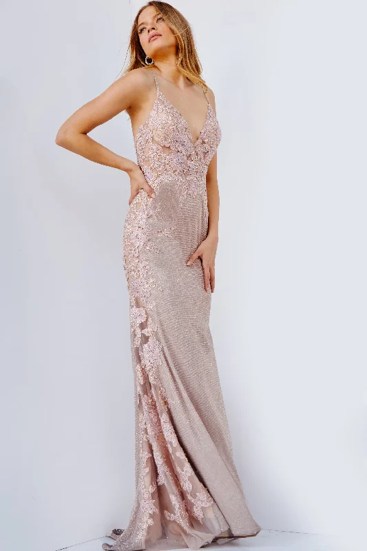 A - line formal dresses with beaded lace appliques for formal eventsJovani JVN2205