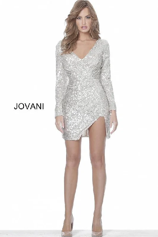 Mini cocktail dresses with a cold - shoulder ruffled sleeveJovani 05755 Beaded Long Sleeve Short Cocktail Dress