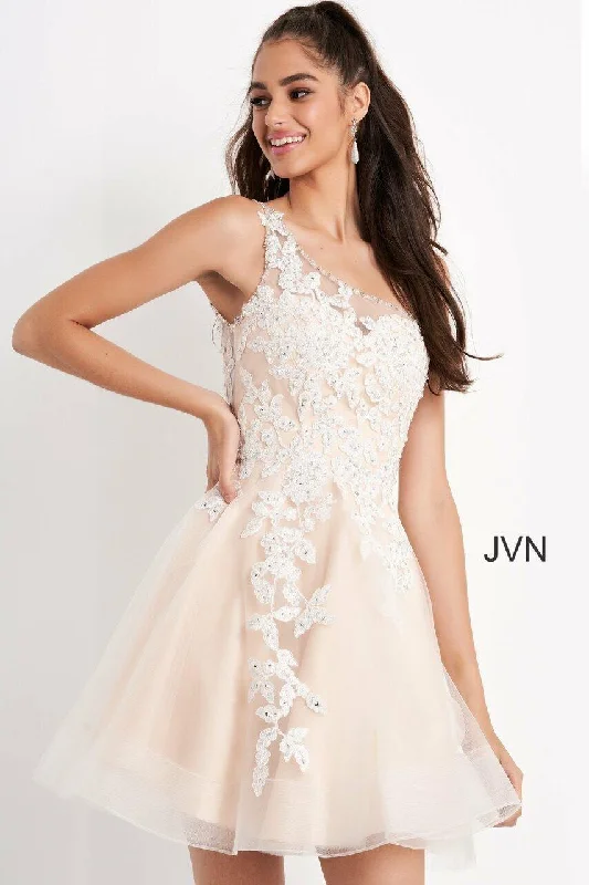 Cocktail dresses with a velvet - trimmed collar and a short skirtJovani 04705 Short One Shoulder Homecoming Dress