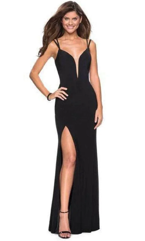 Formal dresses with gathered bodices and wide - leg skirts for a comfortable and stylish silhouetteLa Femme - 27072 Plunging Strappy Back High Slit Gown