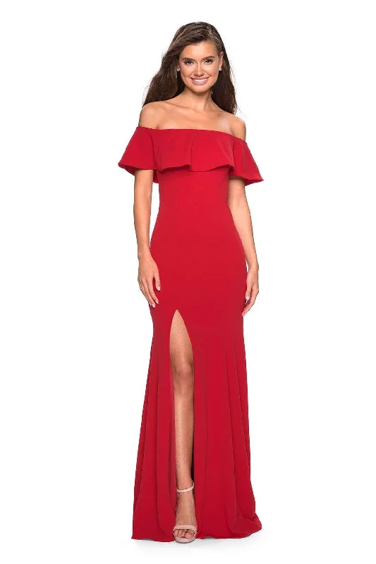 Prom dresses with tiered lace skirts and off - the - shoulder necklines for a feminine and elegant formal affairLa Femme - 27096 Ruffled Off-Shoulder Jersey Trumpet Dress Prom dresses with tiered lace skirts and off - the - shoulder necklines for a feminine and elegant formal affairLa Femme - 27096 Ruffled Off-Shoulder Jersey Trumpet Dress