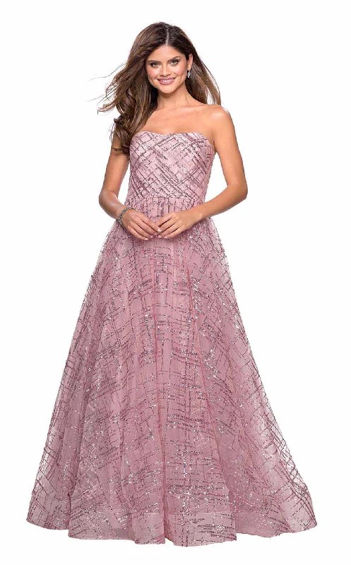 Formal dresses with abstract print panels and rhinestone embellishments for a unique formal eventLa Femme 27237 Dress