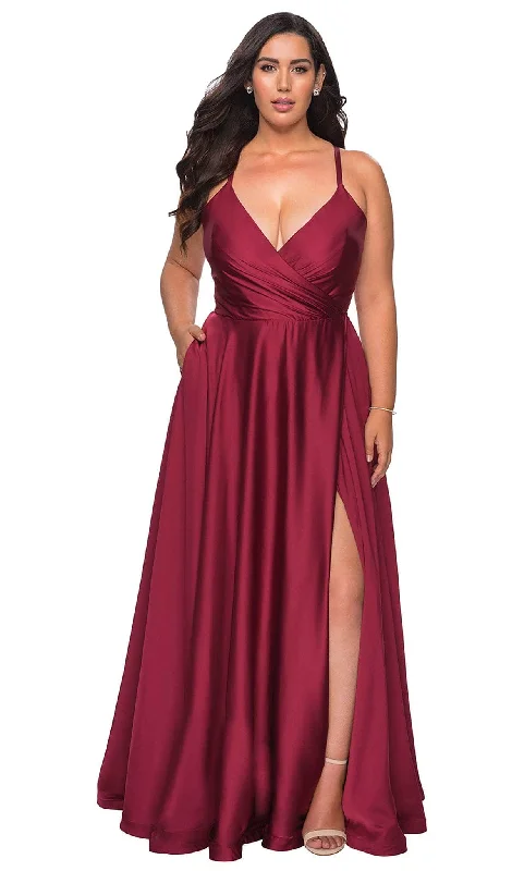 Prom dresses with cold - shoulder ruffled sleeves and floral prints for a romantic and fashionable styleLa Femme - 29033 Plunging V-neck Satin A-line Simple Prom Gown