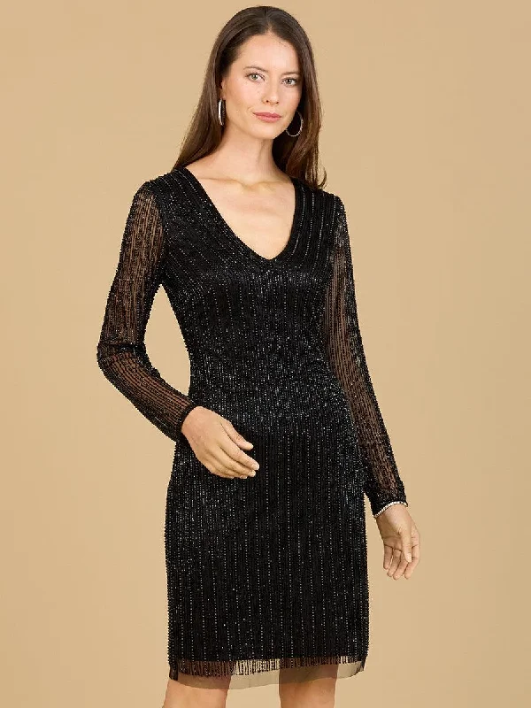Cocktail dresses with a mesh panel and a high - neck designLara Dresses 29164 Beaded Long Sleeve Cocktail Dress