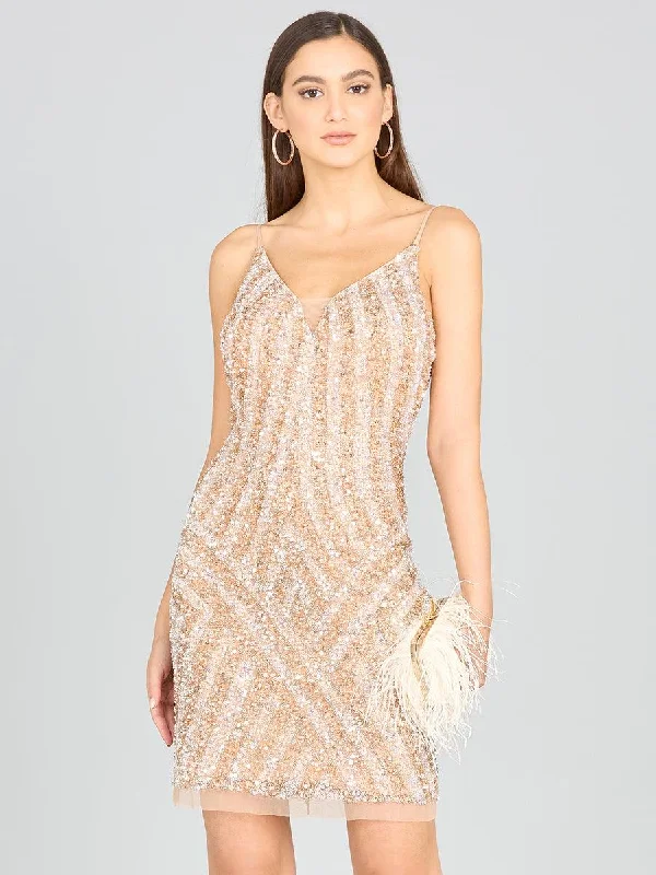 Mini cocktail dresses with a pleated bodice and a spaghetti - strap backLara Dresses 29217 Spaghetti Strap Short Sequin Homecoming Dress