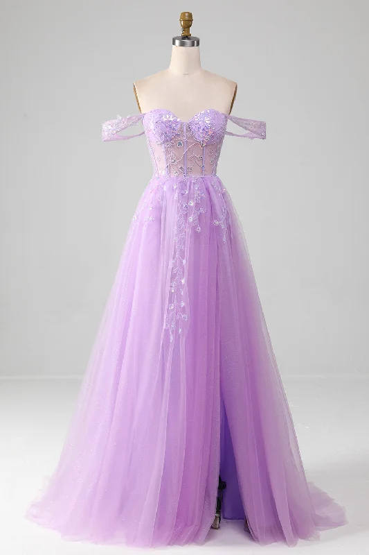 Mini cocktail dresses with a denim fabric for a casual - chic lookLavender A Line Tulle Off the Shoulder Prom Dress with Slit