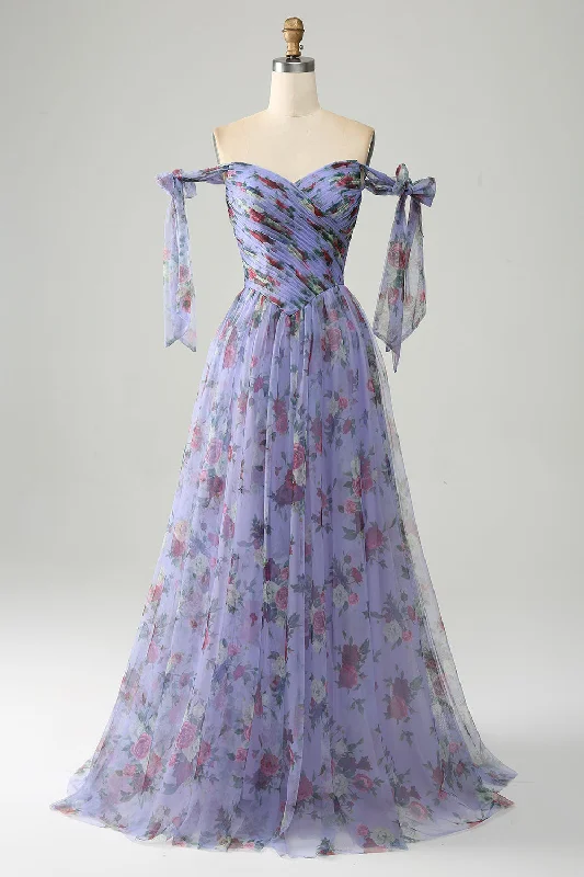 Velvet cocktail dresses with long sleeves for winter galasLavender Floral Print Tulle Prom Dress with Pleated