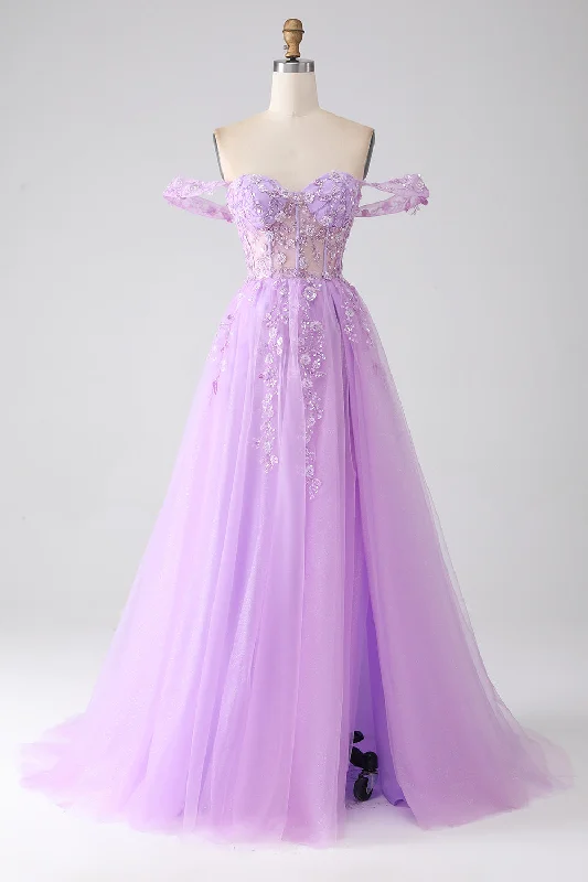 Cocktail dresses with a pom - pom trim and a short - sleeved styleLight Purple A-Line Off The Shoulder Beaded Corset Prom Dress