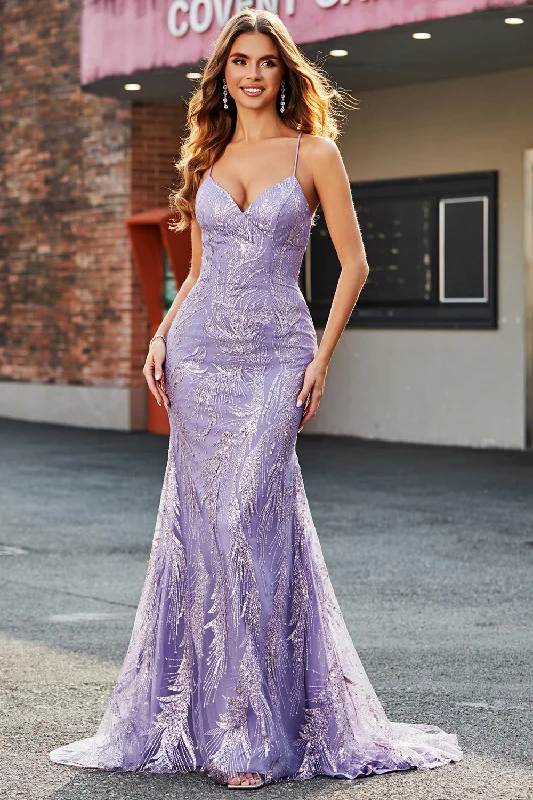 Cocktail dresses with a floral print and a peplum waistLilac Sparkly Mermaid Long Prom Dress with Beading