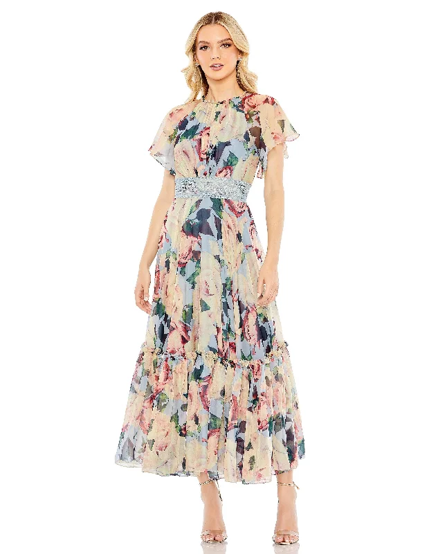 Plaid cocktail dresses with a flared skirt for a classic feelMac Duggal 11400 Floral Print Tea Length Formal Dress