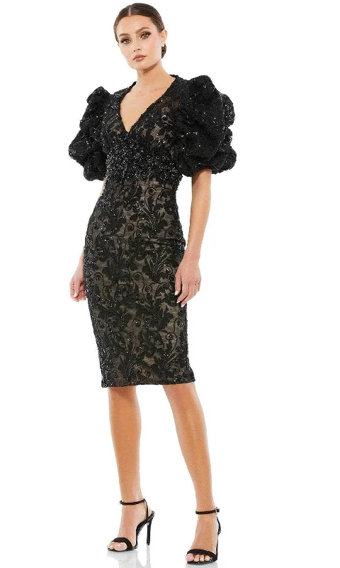 Cocktail dresses with a patchwork pattern and a mid - thigh lengthMac Duggal 12440 - Puffed Sleeve Sheath Evening Dress