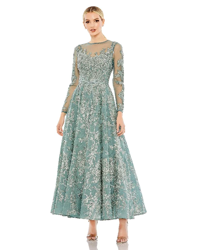 Cocktail dresses with a tiered skirt and a bow at the waistMac Duggal 20337 Long Sleeve Formal Tea Length Dress