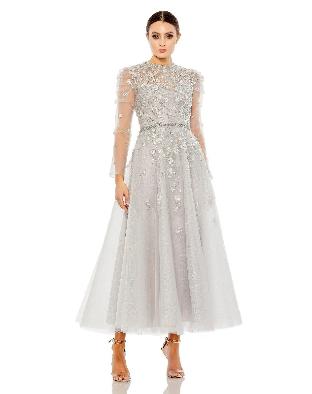 A - line cocktail dresses with floral embroidery for spring partiesMac Duggal 20444 Long Sleeve Tea Length Dress