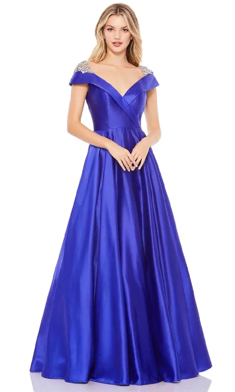 Formal dresses with ruffled skirts and bow accents for a charming prom appearanceMac Duggal 49239 - Satin V Neck A-Line Gown