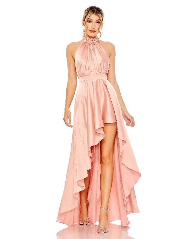 Mini cocktail dresses with a ruffled hem and a solid colorMac Duggal 49664 Prom High Low Halter Dress