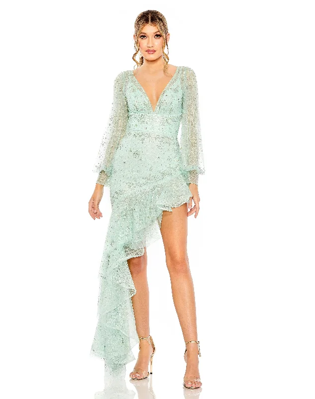 Mini cocktail dresses with a beaded bodice and a flirty A - line skirtMac Duggal 50744 High Low formal Floral Dress
