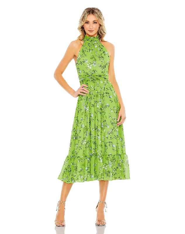 A - line cocktail dresses with floral embroidery for spring partiesMac Duggal 55854 Floral Halter Tea Length Dress