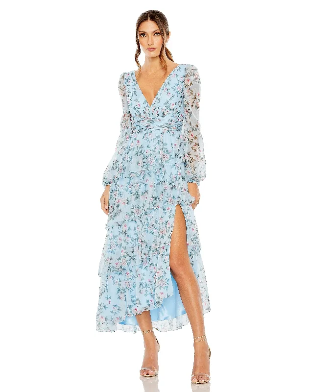 Cocktail dresses with a tassel - adorned belt and a sheath styleMac Duggal 55880 Long Sleeve Floral High Low Dress