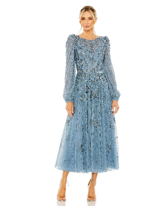 Cocktail dresses with a gathered skirt and a button - down frontMac Duggal 5990 Long Sleeve Formal Tea Length Dress