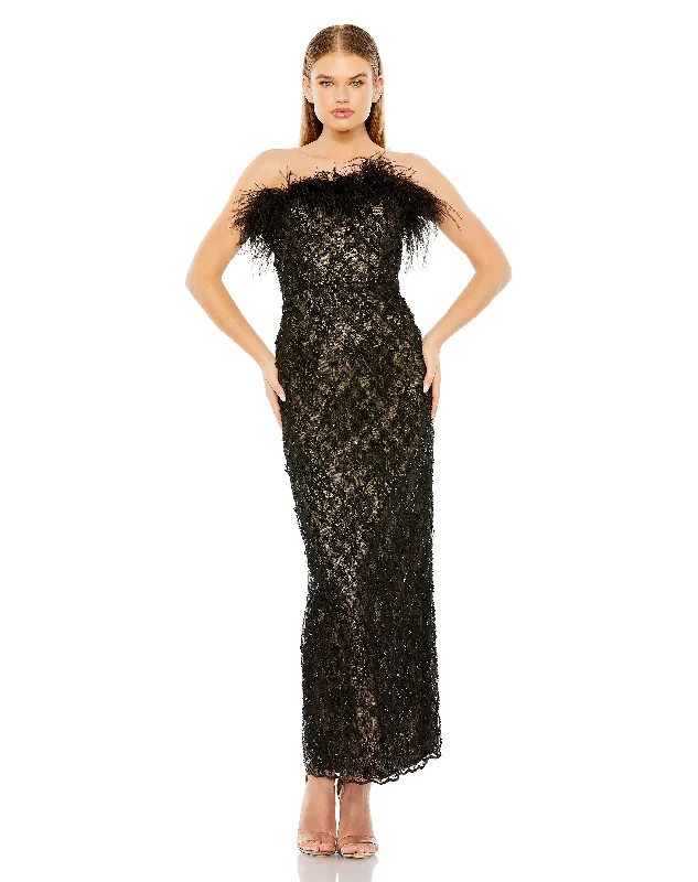 Cocktail dresses with a mesh panel and a high - neck designMac Duggal 68140 Beaded Strapless Tea Length Dress