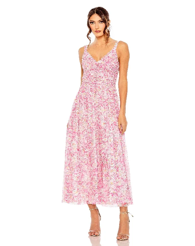 Cocktail dresses with a fringe detail and a sleeveless designMac Duggal 8012 Sleeveless Floral Tea Length Formal Dress