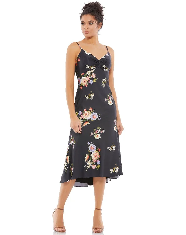 Asymmetric - hem cocktail dresses in a bold color for a fashion - forward lookMac Duggal 70182 High Low Floral Print Satin Dress