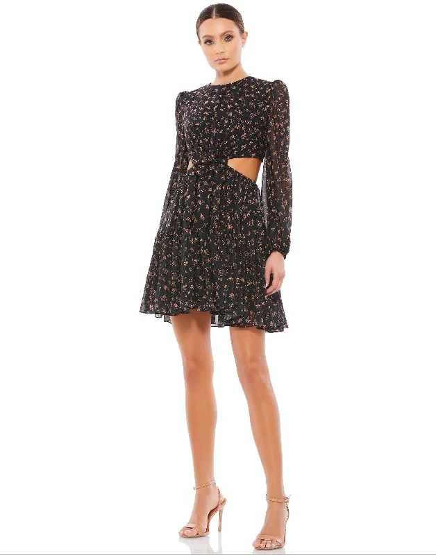 Mini cocktail dresses with a glittery finish for a party - ready styleMac Duggal 55432 Long Sleeve Floral Cocktail Dress