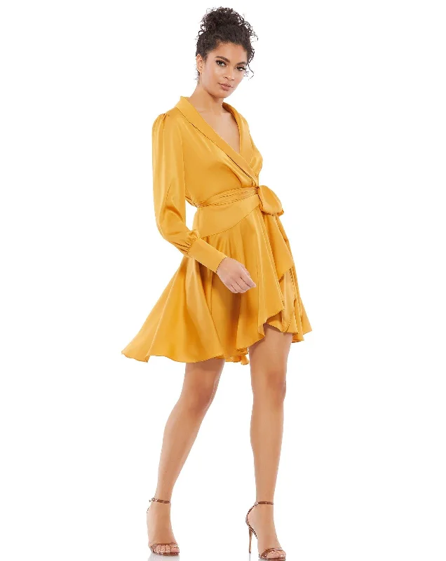 Metallic cocktail dresses with a halter neck for a glamorous occasionMac Duggal MD12514 Long Sleeve Satin High Low Dress