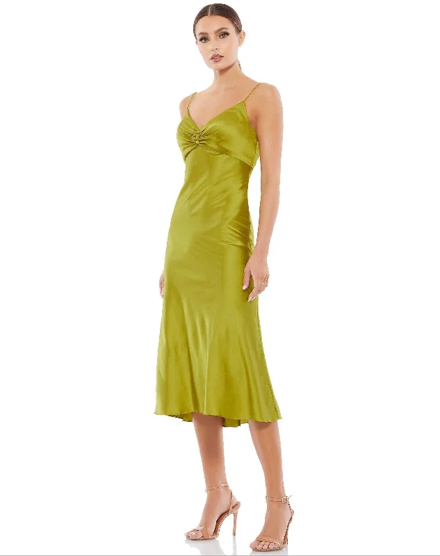 Long - cocktail dresses with a slit and a fitted bodiceMac Duggal 70167 Tea Length Spaghetti Strap Dress