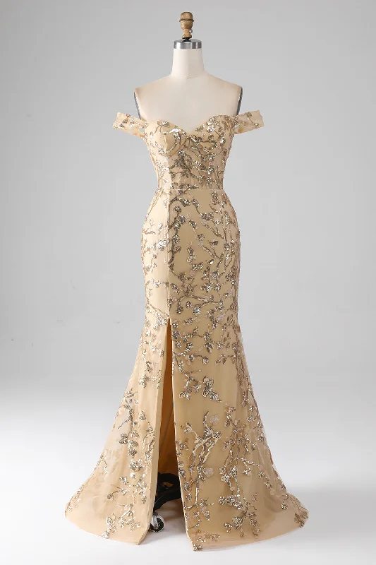 Cocktail dresses with a patchwork pattern and a mid - thigh lengthMermaid Off The Shoulder Golden Long Beaded Prom Dress with Slit