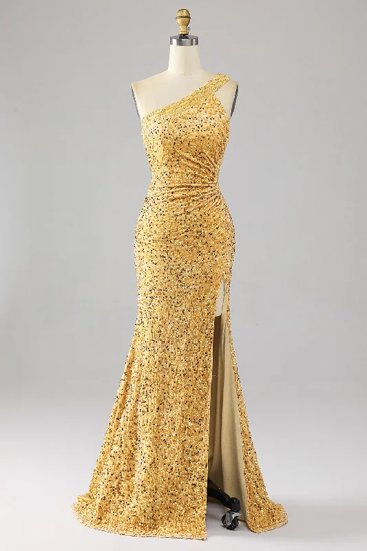 Short cocktail dresses in royal blue for a formal eventMermaid Sequins One Shoulder Golden Prom Dress with Slit