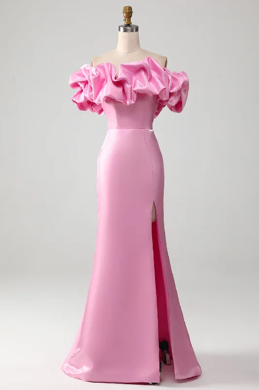 Cocktail dresses with a ruched bodice and spaghetti strapsMermaid Off the Shoulder Pink Prom Dress with Split Front